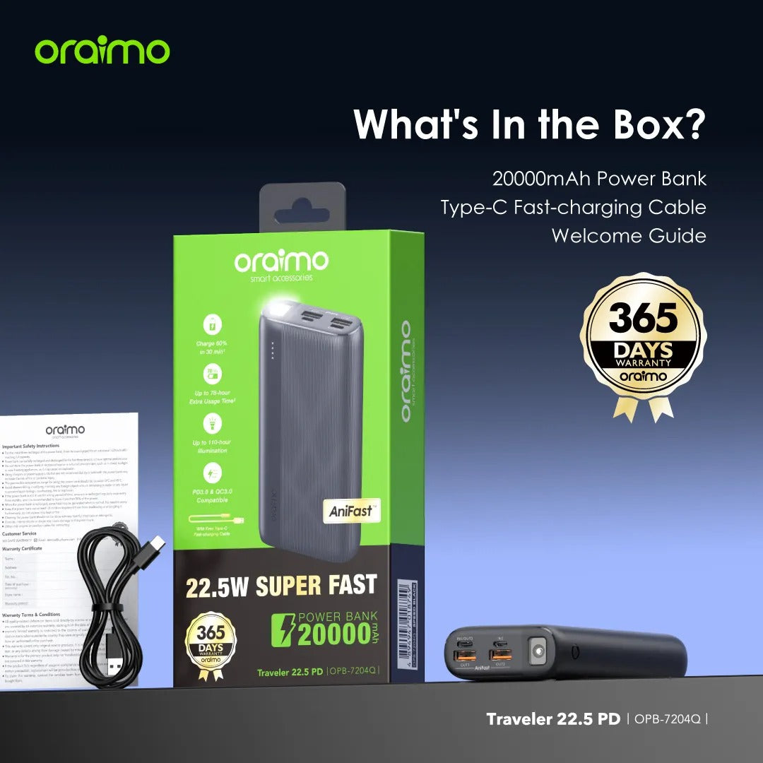 oraimo Traveler 22.5 PD 20000mAh 22.5W Power Bank
